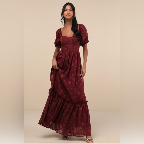 Lulus Dresses & Skirts - Phenomenal Sweetness Burgundy Floral Burnout Bustier Maxi Dress